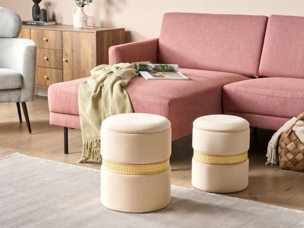 Puf med Opbevaring Beige Velour Sæt af 2 Rund Siddepuf i Stof Multifunktionel Fodskammel Indendørs Stue Børneværelse