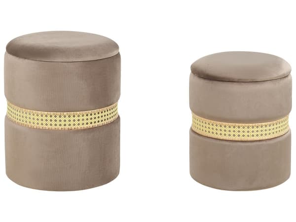 Sett med 2 puffer Taupe Fløyel Oppbevaringsplass Moderne design Rund form Dekorative Fotskammel Stue Soverom