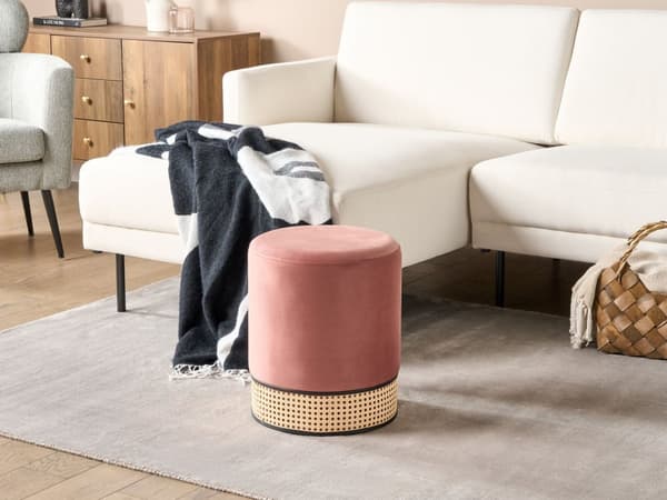 Puff Rosa Fløyel Rottingfletting Rund form Glamour Fotskammel Dekorativ Stue Soverom