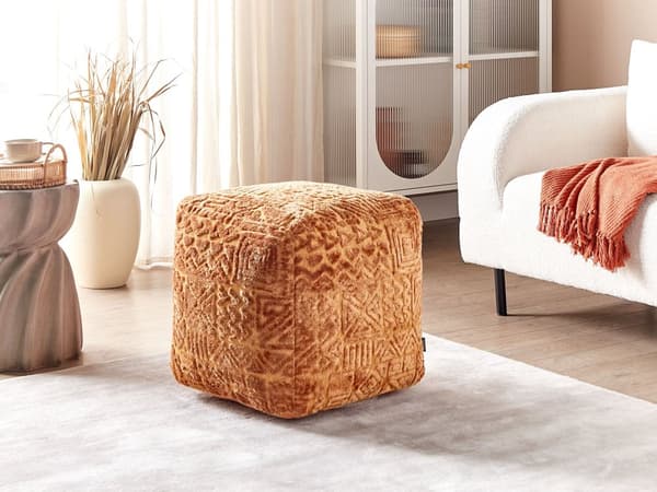 Puf Gyldenbrun Viskose 50 x 50 x 50 cm Firkantet Siddepuf Orientalsk Design Polstret Siddemøbel til Stuen Gulvpude Værelse