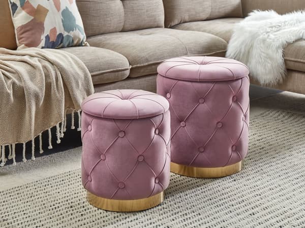 Rahi vaaleanpunainen 2 kpl samettiverhoilu säilytystila nappikoristelu pyöreä retro glamour
