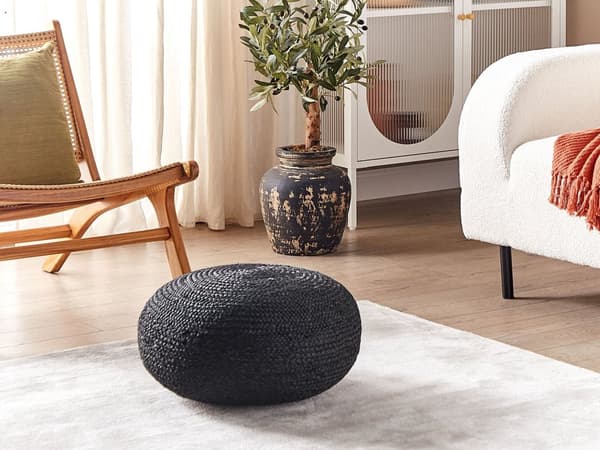 Puff Svart Jute ⌀ 50 cm Vävd EPS-fyllning Rund Sittpuff i Boho-stil Vardagsrum Sovrum