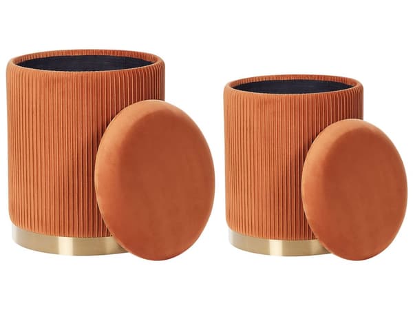 Set med 2 förvaringspuffar Orange Polyester Sammet Klädsel Guld Bas Modern Design Horisontell Tuft Vardagsrum Accent