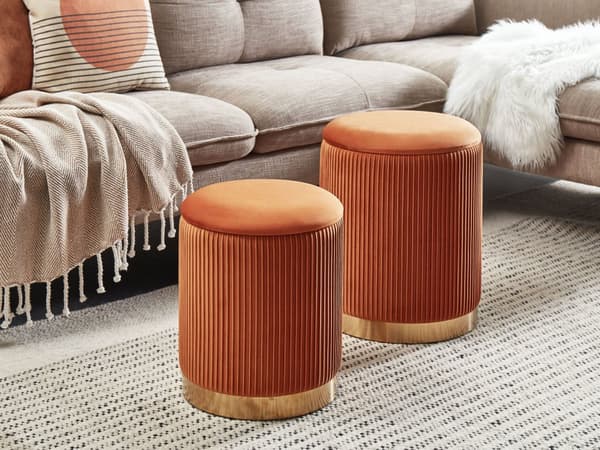Set med 2 förvaringspuffar Orange Polyester Sammet Klädsel Guld Bas Modern Design Horisontell Tuft Vardagsrum Accent