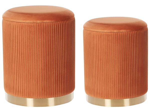 Set med 2 förvaringspuffar Orange Polyester Sammet Klädsel Guld Bas Modern Design Horisontell Tuft Vardagsrum Accent