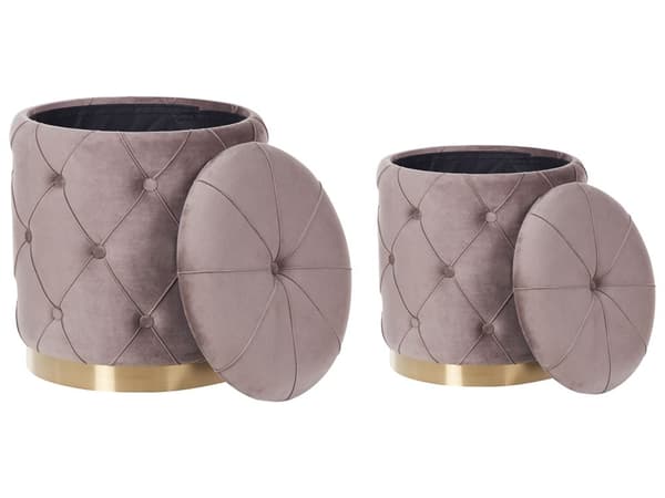 Sett med 2 puffer med oppbevaring Taupe Polyester Fløyel Gullfarget base Dekorative knapper Glamorøst design Dekorasjon Tilbehør Fotskammel