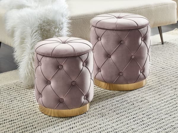 Sett med 2 puffer med oppbevaring Taupe Polyester Fløyel Gullfarget base Dekorative knapper Glamorøst design Dekorasjon Tilbehør Fotskammel