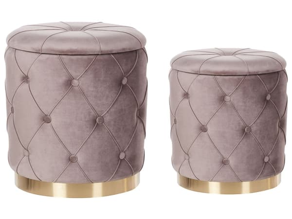 Sett med 2 puffer med oppbevaring Taupe Polyester Fløyel Gullfarget base Dekorative knapper Glamorøst design Dekorasjon Tilbehør Fotskammel