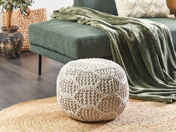 Puff Ottoman Fotskammel Taupe Beige 50 x 50 x 35 cm Håndlaget makramé 100% bomullsperler Fylling Rundt