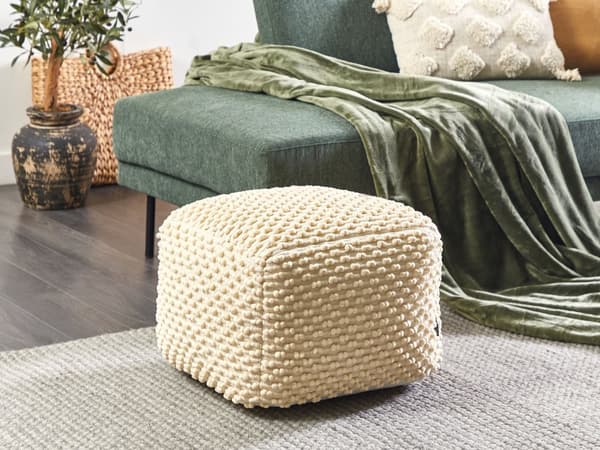 Puff Ottoman Fotskammel Taupe Beige 50 x 50 x 35 cm Håndvevd Bomullsperler Fylling Kvadratisk