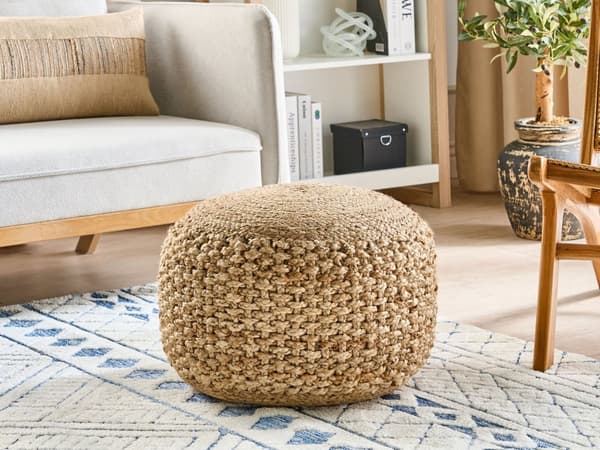 Puff Ottoman Beige Strikket Jute EPS Perler Fylling Rund Liten Fotskammel 50 x 35 cm Boho Stil Stue