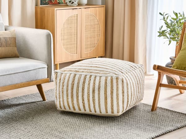 Sittepuff Beige og Hvit 60 x 60 x 30 cm Jute Polyester Bomull Abstrakt Mønster Kvadratisk Sittepuff i Stoff