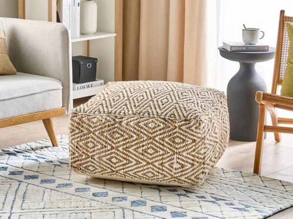 Puff gulvpute Beige og hvit 60 x 60 x 30 cm Jute Polyester Bomull Abstrakt mønster Kvadratisk stoff