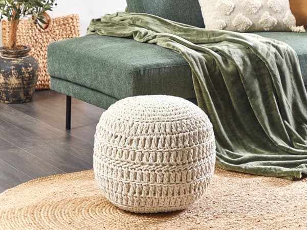 Puff Beige Bomull ø 40 cm Rund form EPS-kuler Bohemsk stil Håndlaget Gulvpute Tilbehør