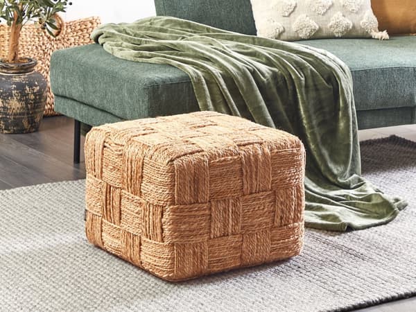 Beige jutepuf 50 x 50 x 35 cm flettet firkantet fodskammel boho lounge
