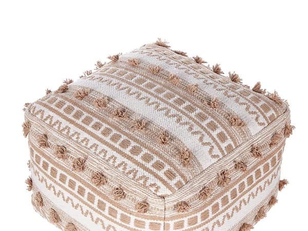 Puff Beige Bomull 50 x 50 x 35 cm Med EPS Fyllning Kraftigt Vävt Överdrag Fotpall Boho Vardagsrum Sovrum