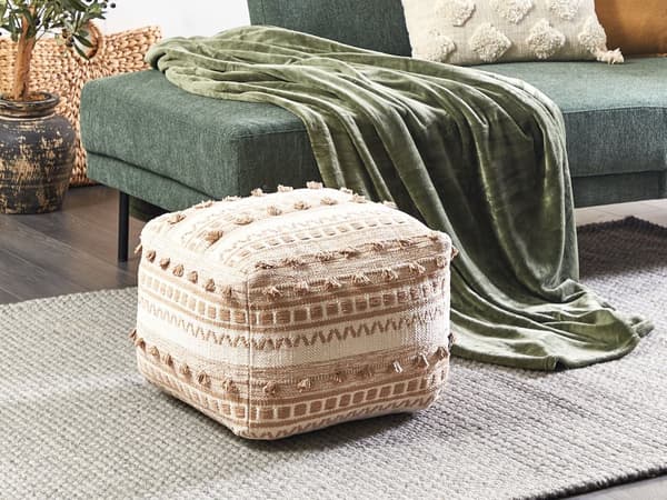 Puff Beige Bomull 50 x 50 x 35 cm Med EPS Fyllning Kraftigt Vävt Överdrag Fotpall Boho Vardagsrum Sovrum