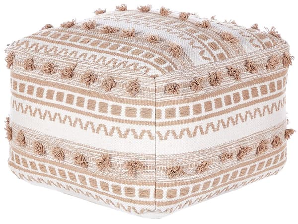 Puff Beige Bomull 50 x 50 x 35 cm Med EPS Fyllning Kraftigt Vävt Överdrag Fotpall Boho Vardagsrum Sovrum