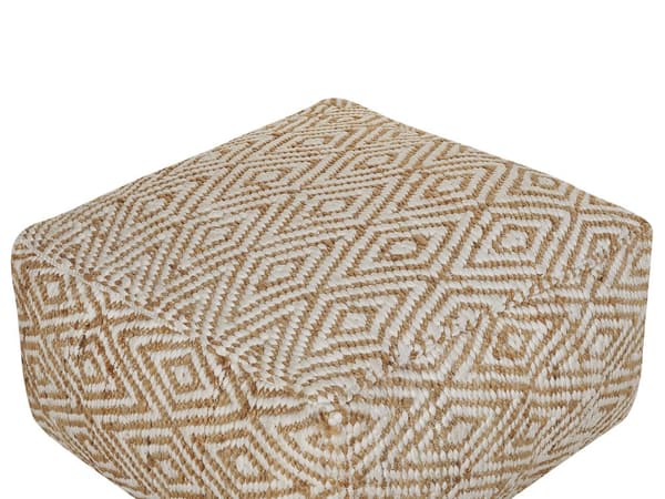 Gulvpude puf beige og hvid 60 x 60 x 30 cm jute polyester bomuld firkantet boho stue soveværelse abstrakt mønster