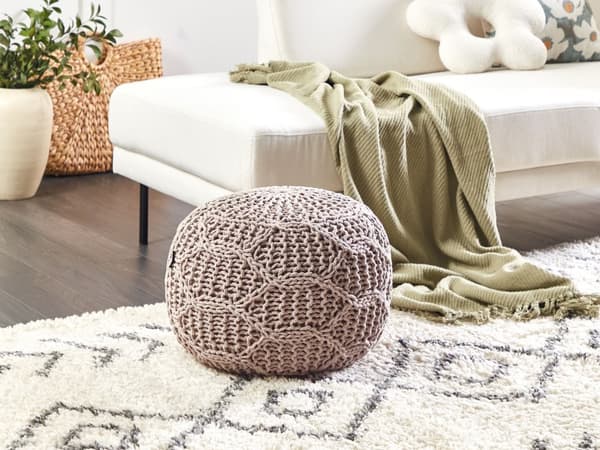 Puf Taupe Bomuld ø 50 cm Stor Rund Gulvpude til Soveværelset Boho Strikket Siddepuf til Entre Tilbehør Sofapuf