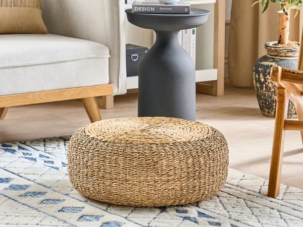 Rund Puf Beige Brun Natur Vandhyacint ø 50 cm Stor Flettet Gulvpude til Soveværelset Boho Siddepuf til Entre Tilbehør Sofapuf