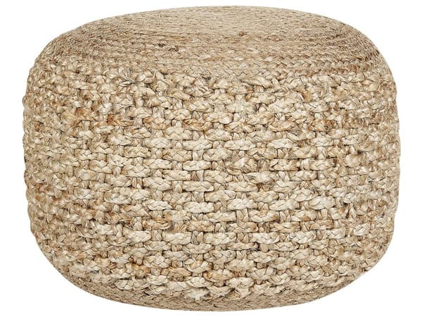 Beige rundstrikket puf i jute 50 x 35 cm flettet fodskammel i boho-stil til stuen