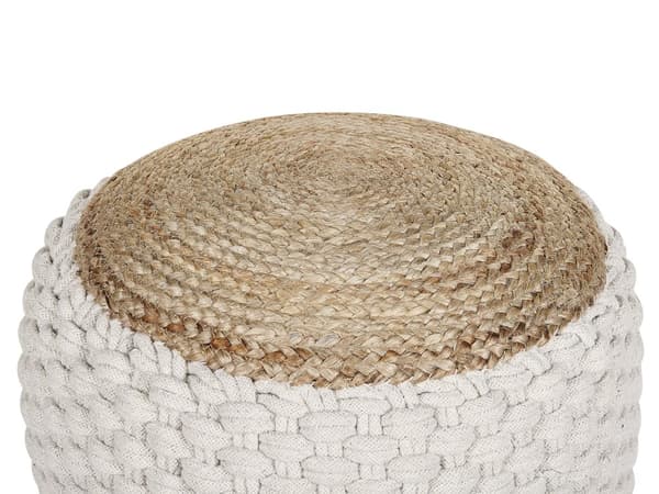 Pouf Fotpall Vit och Beige Stickad Bomull Jute EPS-Pärlor Fyllning Rund Liten Fotpall 50 x 35 cm Boho-stil Vardagsrum Sovrum