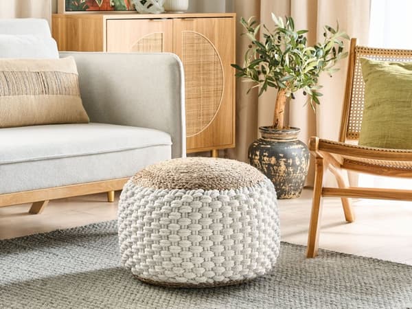 Pouf Fotpall Vit och Beige Stickad Bomull Jute EPS-Pärlor Fyllning Rund Liten Fotpall 50 x 35 cm Boho-stil Vardagsrum Sovrum