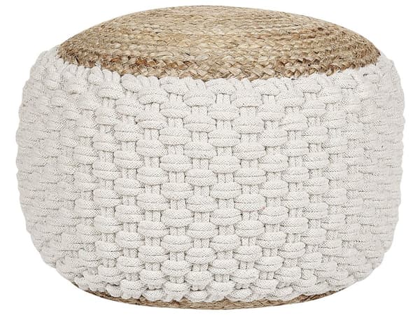 Pouf Fotpall Vit och Beige Stickad Bomull Jute EPS-Pärlor Fyllning Rund Liten Fotpall 50 x 35 cm Boho-stil Vardagsrum Sovrum