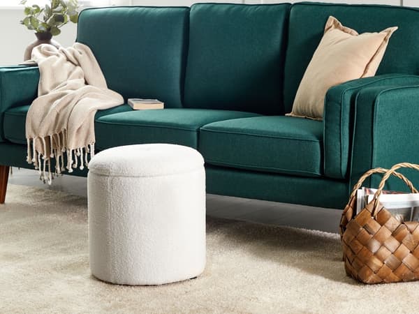 Puff Off-White Boucle 40 x 38 cm med oppbevaringskrakk Glamour