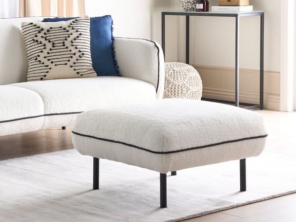 Ottoman Fotskammel Hvit Boucle Stoff Polstret Metall Svarte ben Firkantet Fotskammel Polstret Svart Dekorativ Kant Retro Glam