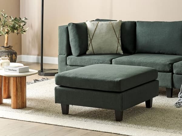 Ottoman fotskammel mørkegrønn polyesterstoff polstret firkantet minimalistisk moderne modulær sofa element