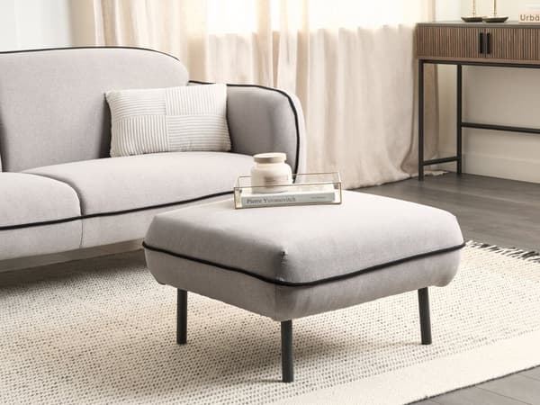 Ottoman Fotpall Ljusgrått tyg Klädd Metall Svarta Ben Fyrkantig Fotpall Vadderad Svart Dekorativ Kant Retro Glam