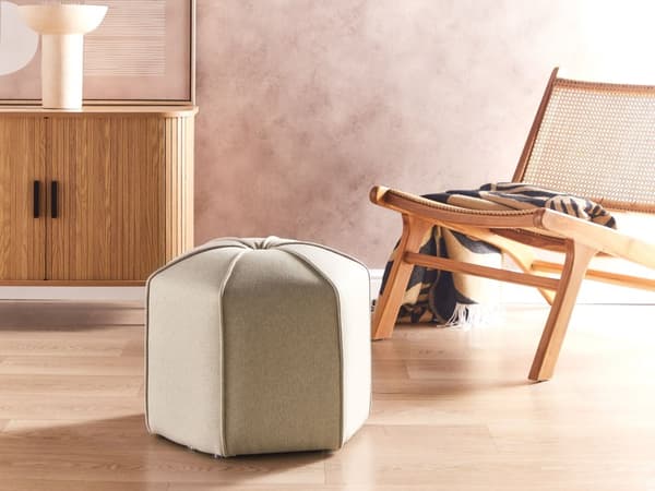 Puff Beige Linne Rund 45 x 45 x 42 cm Fotpall Accent Klädsel Modernt Vardagsrum Sovrumsinredning Möbler