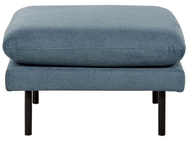 Puff i blått stoff med pute på toppen Firkantet fotskammel Metallben Glamourstil
