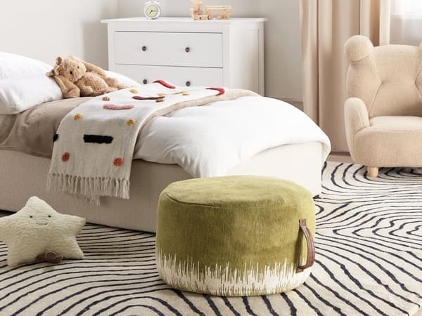 Puff Grønn Hvit Bomull 50 x 30 cm Rund form Dekorativt mønster Håndlaget Bohemsk stil Moderne stil Tilbehør Stue Soverom