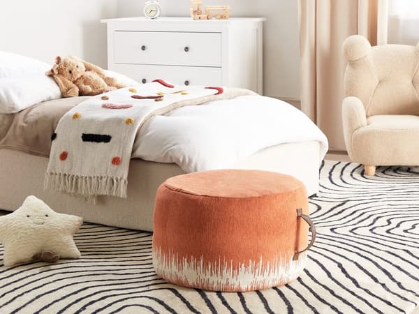 Puff Oransje Hvit Bomull 50 x 30 cm Rund form Dekorativt mønster Håndlaget Bohemsk stil Moderne stil Tilbehør Stue Soverom