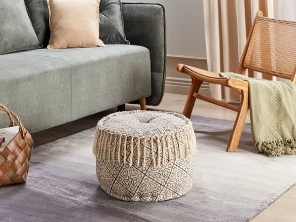 Puff Beige och Svart Bomull 50 x 30 cm Tryckt Mönster Dekorativ Sittplats Handgjord Boho Modern Stil Vardagsrum Sovrum