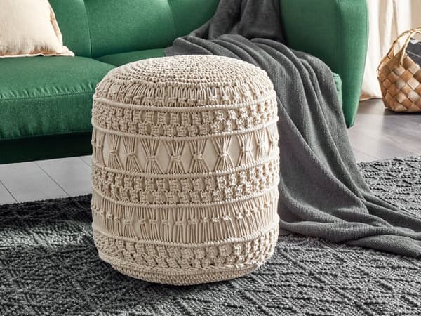 Puff Ottoman Fotskammel Beige Bomullsstoff 45 x 45 x 45 cm Håndvevd Perler Fylling Kvadratisk