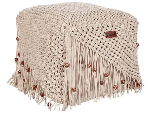 Puff Ottoman Fotskammel Beige Bomull 40 x 40 x 40 cm Håndvevd Perler Fylling Firkantet