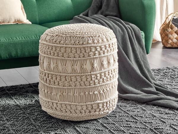 Puff Fotpall Beige Bomullstyg 45 x 45 x 45 cm Handvävda pärlor Fyllning Fyrkant