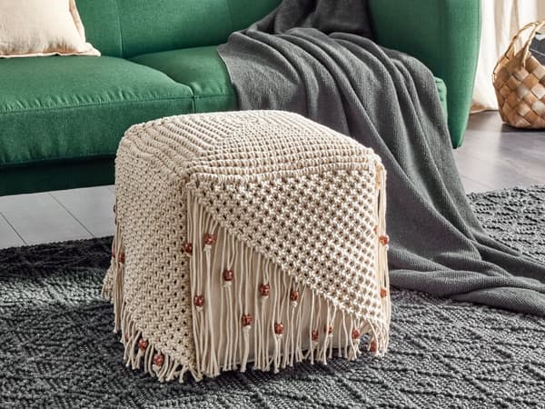 Puff Fotpall Beige Bomull 40 x 40 x 40 cm Handvävda pärlor Fyllning Fyrkant