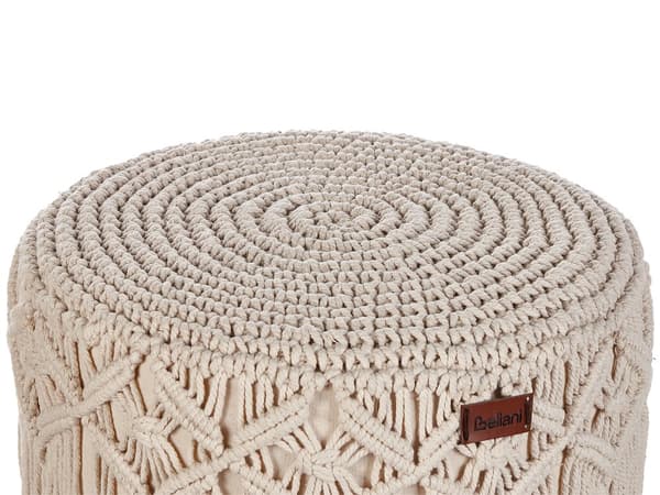 Fotpall Beige Bomullssits Träben 40 x 40 x 50 cm Handgjord Boho Stil Heminredning