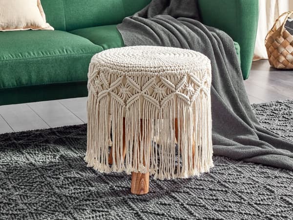 Fotpall Beige Bomullssits Träben 40 x 40 x 50 cm Handgjord Boho Stil Heminredning