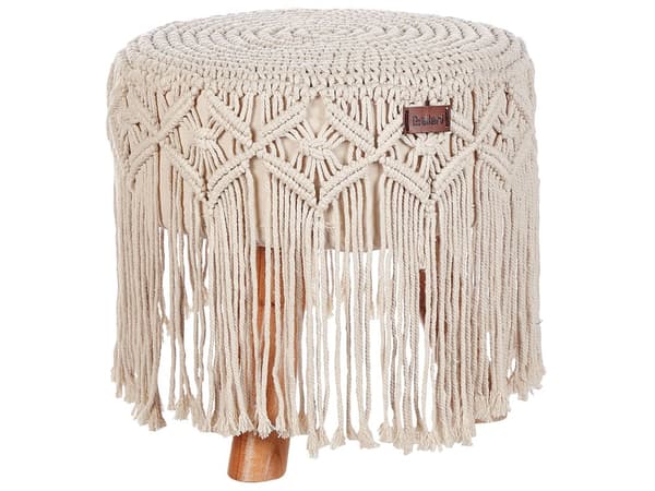 Fotpall Beige Bomullssits Träben 40 x 40 x 50 cm Handgjord Boho Stil Heminredning