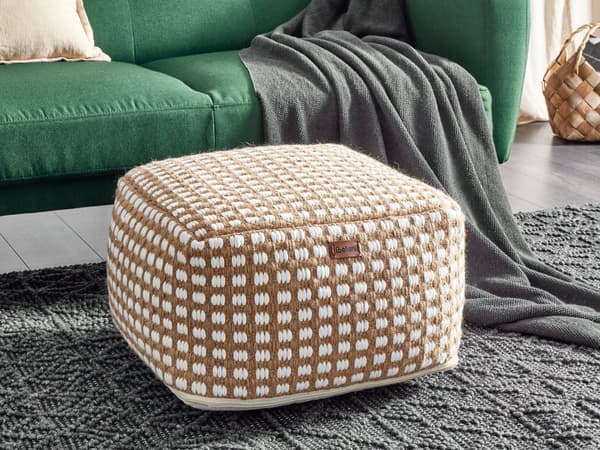 Puf Skammel Fodskammel Beige Bomuld og Uld 50 x 50 x 30 cm Håndvævet Perlefyld Firkantet Stue Værelse