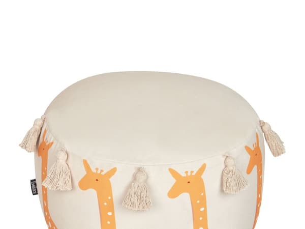 Puf beige bomuld 45 x 25 cm girafmønster kvaster rund håndlavet børneboho Børneværelse