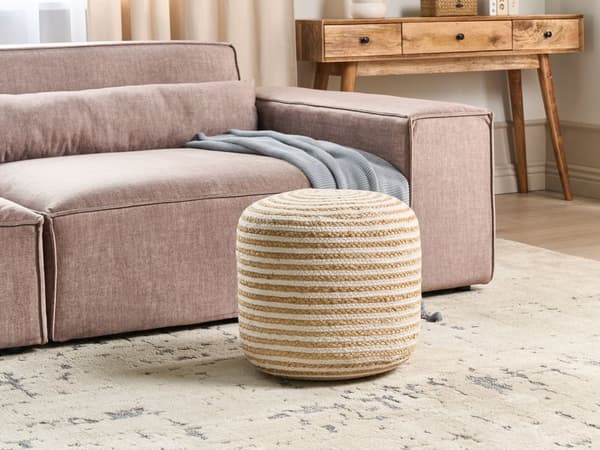 Puf beige jute 40 x 40 x 40 cm rund cylinder stribet boho-stil til stue værelse opholdsrum