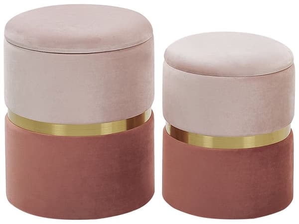 Set med 2 sittpuffar med förvaring Rosa Polyester Sammet Fotpall Retrodesign