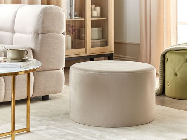 Puf Beige Polyester Velour Træ ø 61 cm Glam Moderne Design Rund Fodskammel Skammel Fodstøtte Boligindretning Stue Soveværelse Børneværelse